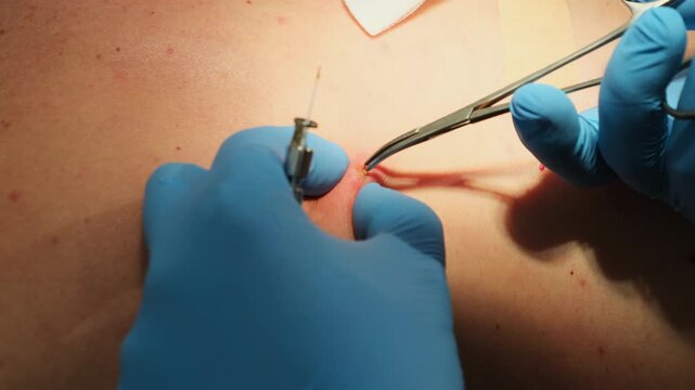 Doctor with surgical forceps works on mole removal from patient skin in hospital slow motion. Dermatologist conducts skin treatment in clinic