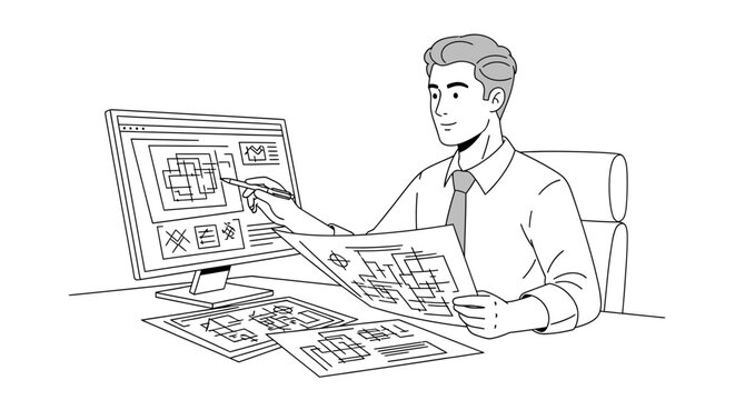 Architect or engineer working on blueprints and digital plans, combining traditional paper designs with computer-aided drafting (CAD) for construction projects.