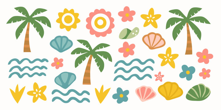 tropical floral and seashell illustration on a white background