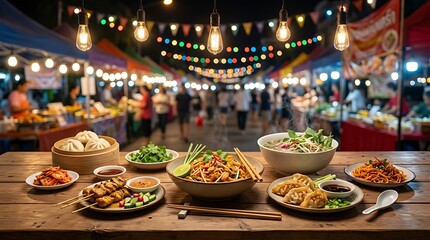 Fototapeta premium Assortment of delicious Asian street food dishes arranged on a wooden table at night market