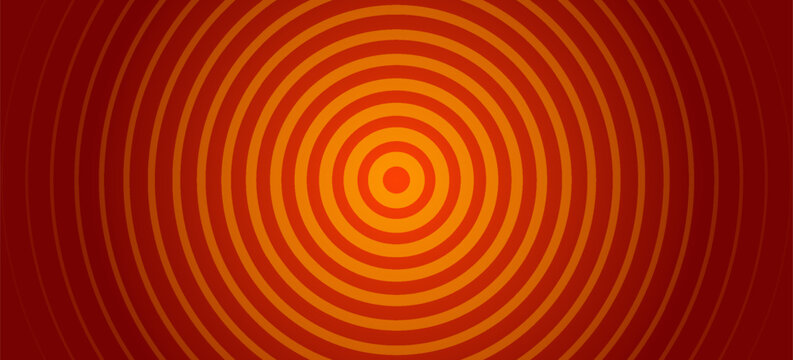 Hot red concentric circle background. Expanding waves with epicenter. Radial sound signal or vibration backdrop. Vector burn red ripple gradient wallpaper. Target symbol, radar or sonar icon concept