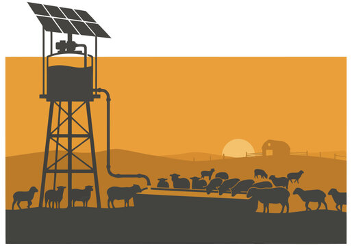 Off-grid ranch infrastructure: a water tower silhouetted against a sunset, with grazing livestock. Simple, rustic, and visually appealing.