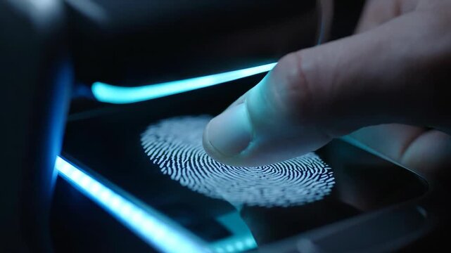 Close-up of a person's finger performing a biometric scan, touching a glowing digital interface for secure identity verification and access control, highlighting modern security technology, 4K