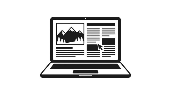 Open laptop computer screen displaying online magazine content webpage layout design vector image showing article paragraphs landscape photograph placeholder and a navigation pointer cursor