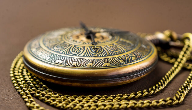Close-up of an antique pocket watch with chain on a flat surface.