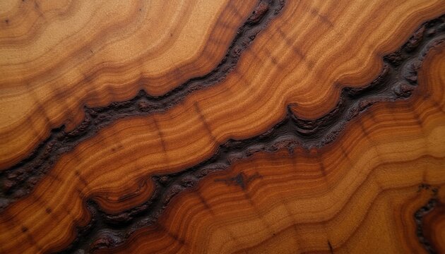 Close up of rich brown bocote wood with striking grain patterns. Natural wood texture features swirling lines and dark crevices. Ideal for luxury design projects.