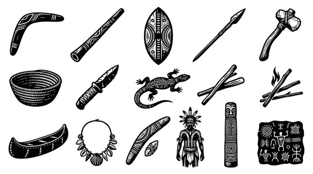 Aboriginal Culture Icons: Boomerang, Spear, Axe, Canoe, Necklace, Cave Art, Black White