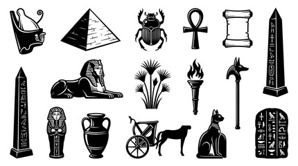 Obraz premium Ancient Egypt Black and White Line Art Icons Set. Historical Culture Glyphs and Artifacts Collection.