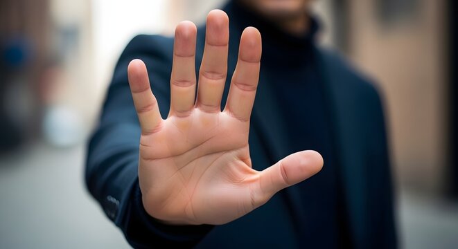 Man Showing Stop Hand Gesture with Blurred Urban Background Safety and Warning Concept