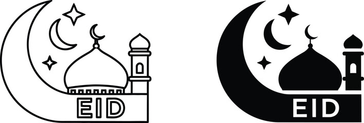 Eid celebration symbols with crescent moon and mosque © MD Hasan