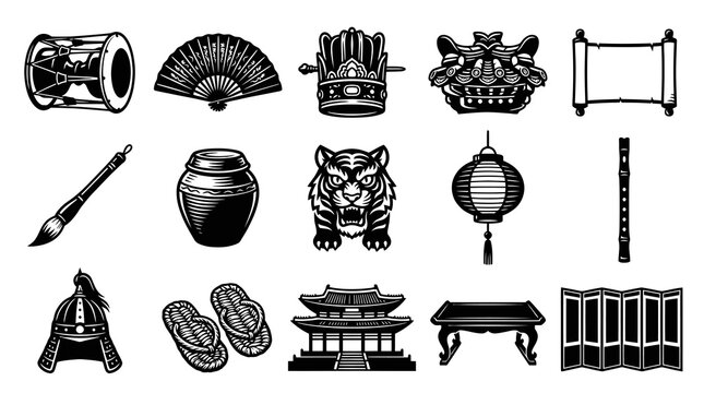 Traditional Korean Culture Black and White Engraving Style Symbols Set. Asian Heritage Icons and Traditional Objects.