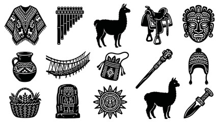 Fototapeta premium Andean Culture Icons: Llama, Poncho, Panpipe, Bridge, Mask, Sun