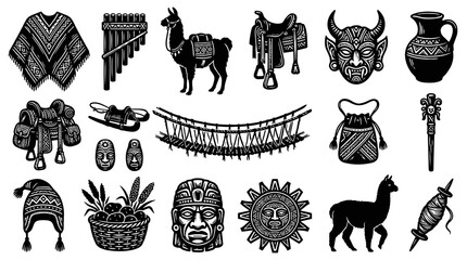 Fototapeta premium Black and White Vector Icons: Andean Culture, Llama, Poncho, Mask, Sun Symbol
