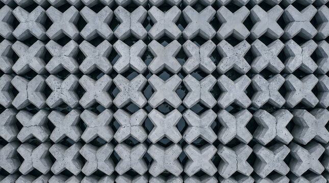 Top down view of a repeating geometric pattern of gray concrete x-shaped blocks designed for coastal protection and breakwater defense against erosion.