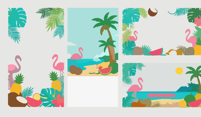 Obraz premium Summer tropical background set with flamingo coconut tree and fruit editable vector illustration