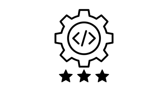 Modern technical concept vector image highlighting a code bracket symbol placed inside a mechanical rotating gear above three stars representing top quality development