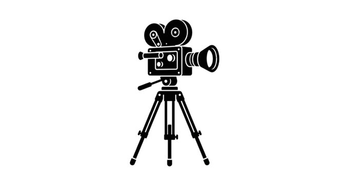 Highly detailed black and white vector image capturing a vintage classic retro movie cinema film camera mounted securely on a tripod