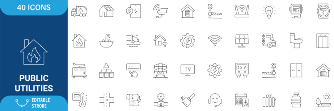Public utilities icon set. Contains icons related to public utilities, Gas, electricity, water, heating, and more. line Icon. Vector illustration. Editable stroke