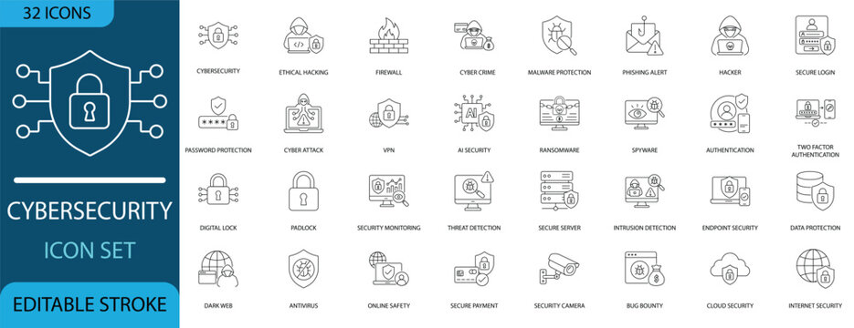 cybersecurity icon set, internet security, data protection, hacker, firewall, antivirus, phishing, vpn, ransomware, malware,, spyware, digital lock, secure login,, cyber crime, online safety,ect