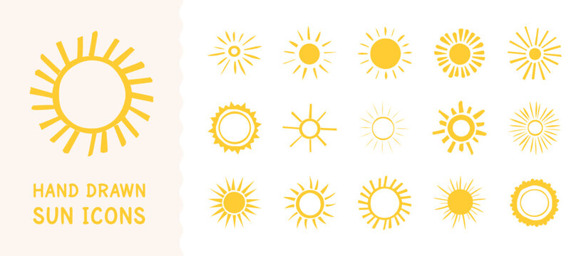 Hand drawn sun symbols in a doodle style suitable for summer branding, weather forecast applications, travel brochures, and creative graphic design project