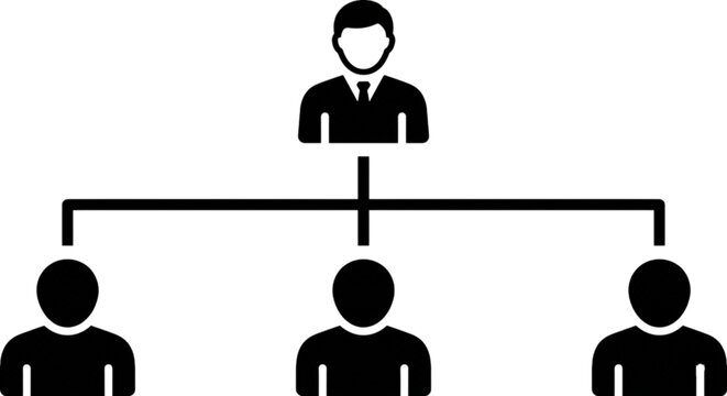 An organizational chart structure vector image depicting corporate leadership and human resources hierarchy with a manager icon supervising three subordinate staff members.