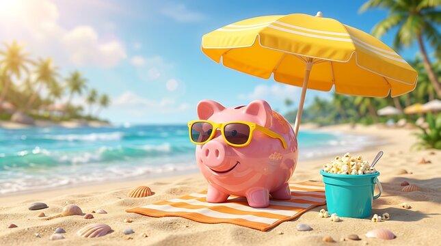 Bank holiday savings piggy bank relaxing on tropical beach with umbrella