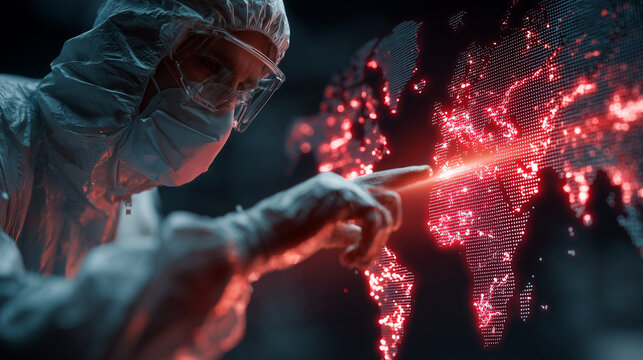 Scientist in protective suit analyzing global digital virus outbreak on futuristic world map