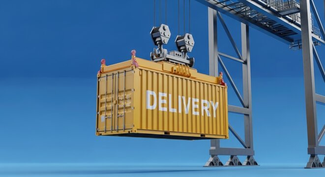 A large yellow shipping container suspended from a crane in a bustling port, surrounded by towering cranes and ships, with a clear blue sky overhead.