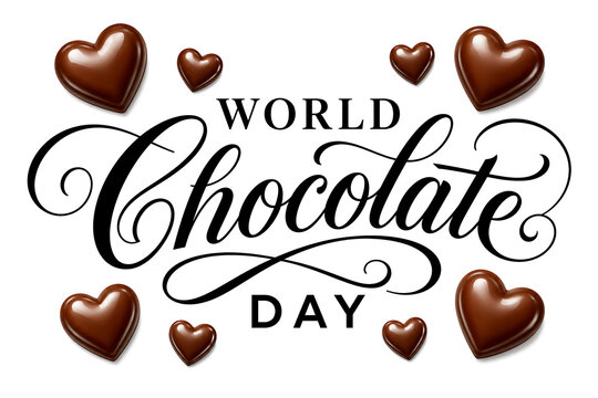 World chocolate day calligraphy with numerous chocolate hearts on clean white background.