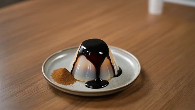Slow Motion Close Up of Clear Gelatin Dessert Being Topped with Dark Syrup, Served with Cinnamon Powder, Delicious Sweet Food Preparation