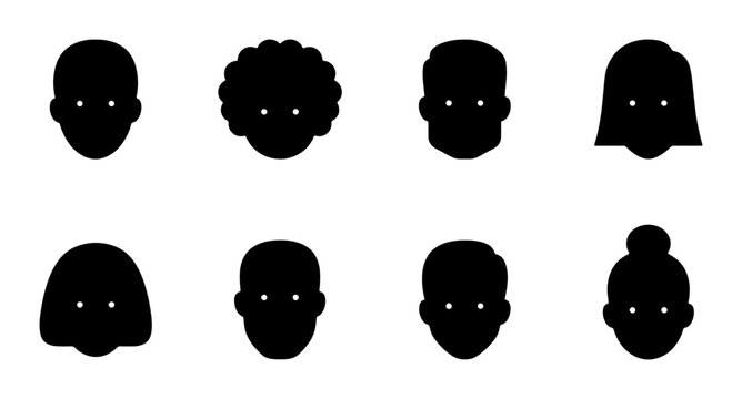 Diverse Silhouette Faces Vector Set, Simple Black Head Icons for User Profiles, Avatars, and Community Graphics
