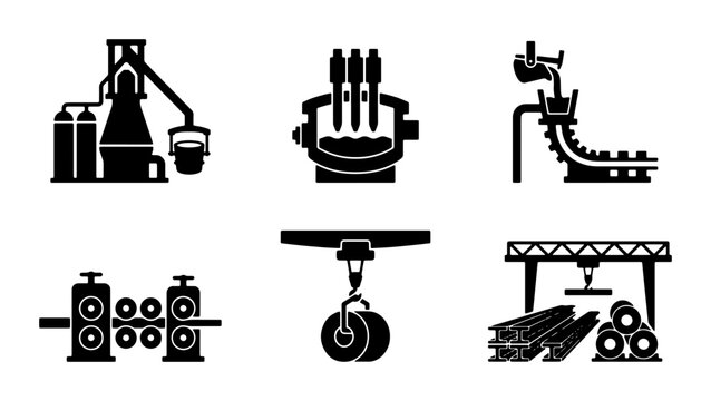 Industrial Manufacturing Icons: Steel Production, Metallurgy, Foundry Processes, Metal Rolling, Heavy Industry Equipment, Factory Operations, 6 Vector Elements