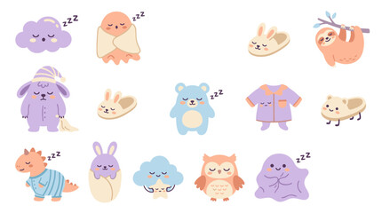 Fototapeta premium Cute Sleepy Animals and Baby Characters Flat Vector Illustration Set for Children's Bedtime Lifestyle