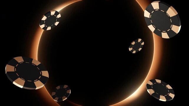 3D Black and Gold Poker Chips Flying Toward Camera on Dark Luxury Background, Online Gambling Concept