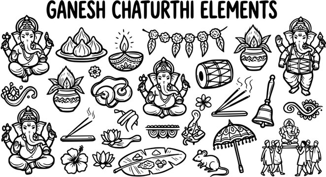 Ganesh Chaturthi Hindu Festival Elements Line Art Vector. Traditional Indian Religious Celebration Doodle with Ganesha, Offerings, and Cultural Symbols.