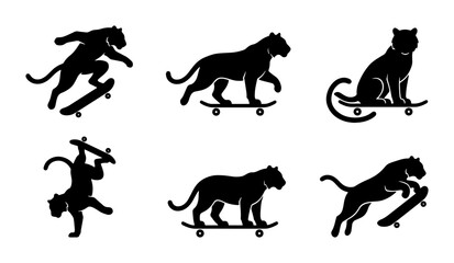 Black Panther Skateboard Silhouettes, Wild Cat Action Poses, Urban Street Style Vector Set, Dynamic Animal Graphics © Imran
