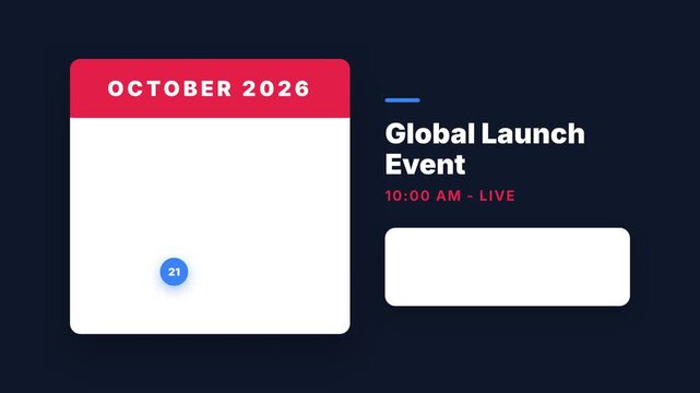 Modern digital calendar interface displaying an upcoming global launch event scheduled for October 2026, highlighting business planning and online scheduling with a clean, contemporary design