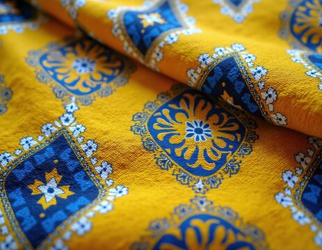 Yellow fabric shows repeating floral geometric diamond motifs in blue and white. Textile texture has intricate patterns for fashion design or decor. Colorful ethnic print close up.