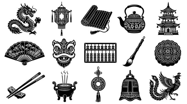 Black and White Traditional Chinese Culture Glyphs Icons Set. Asian Heritage Symbols Vector for New Year, Travel.