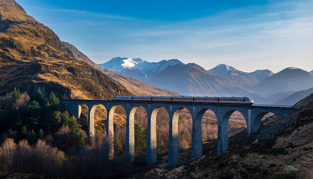 A train crossing a high arched bridge in mountainous terrain.