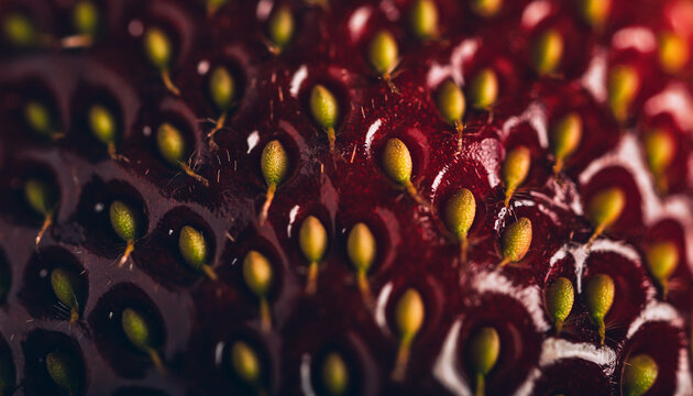 Close-up of a plant's seed-like structures with glossy surface and vibrant colors.