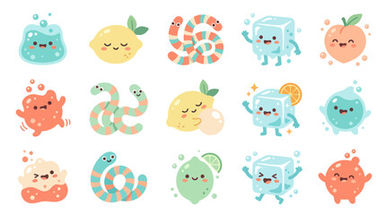 Obraz premium Cute Kawaii Cartoon Mascot Characters Flat Vector Illustration Set for Food, Drinks Nature Themes