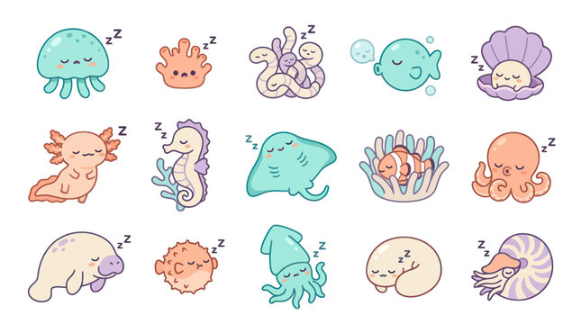 Cute Sleeping Sea Creatures Cartoon Vector Art Collection for Kids