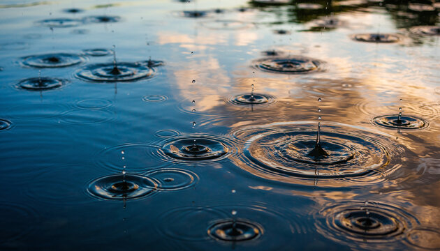 Raindrops falling on a calm water surface creating ripples.
