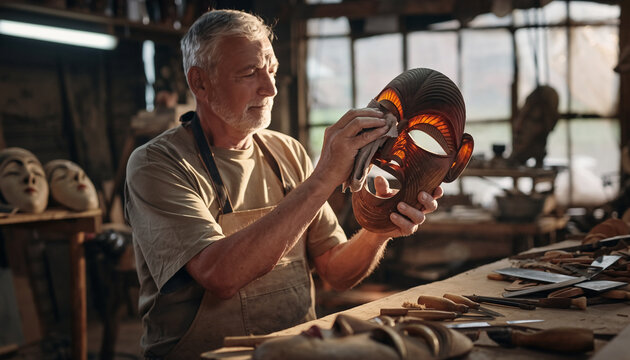 A craftsman shaping a wooden mask in a workshop.