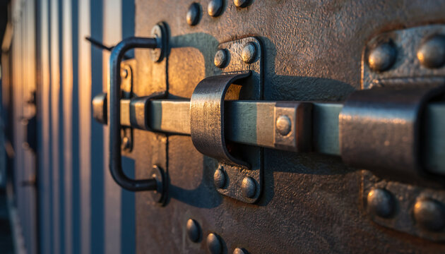 Close-up of a metal latch and riveted door surface.