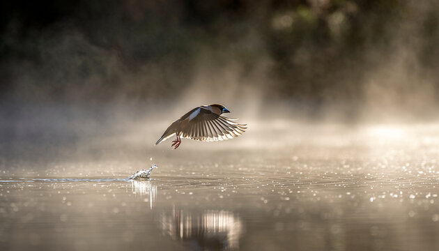 A bird taking off from a misty water surface.