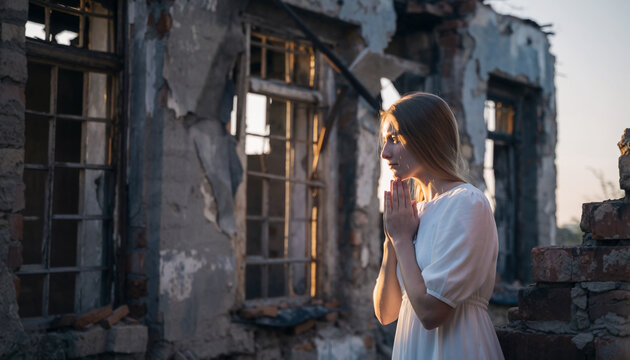 A woman praying in front of a damaged building at sunset.