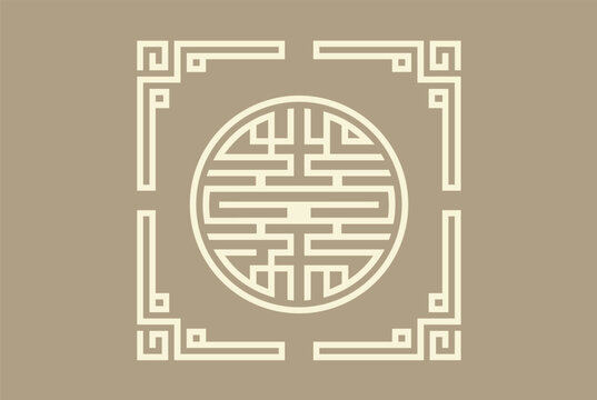 Traditional chinese longevity symbol shou depicted within an intricate square fretwork frame against a subtle taupe background.