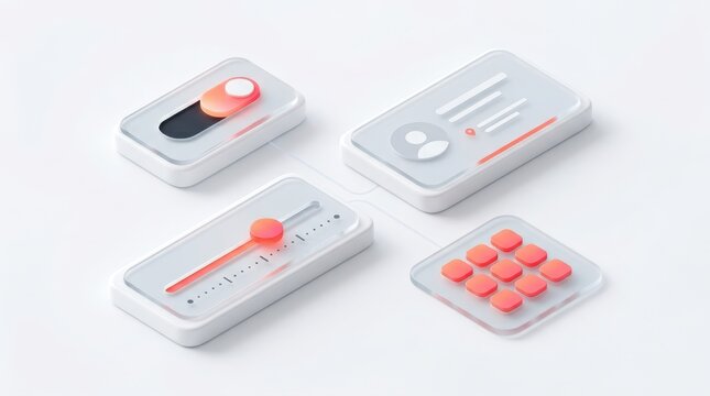 Minimalist 3D UI design elements featuring floating modular panels, switches, and sliders on a clean white background, representing web development and modern interface design.